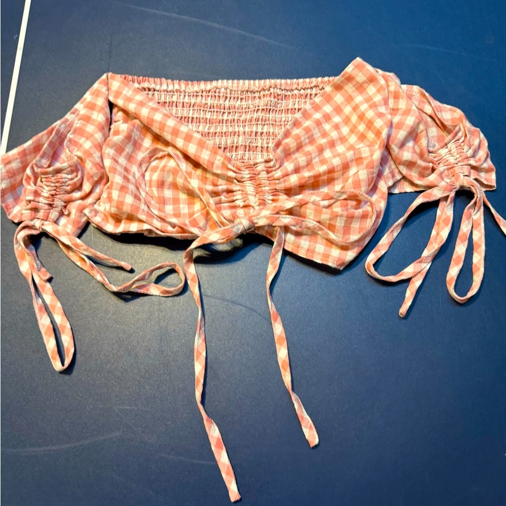Adjustable Scrunch Crop Top. Pink plaid Summer Crop. Size Small